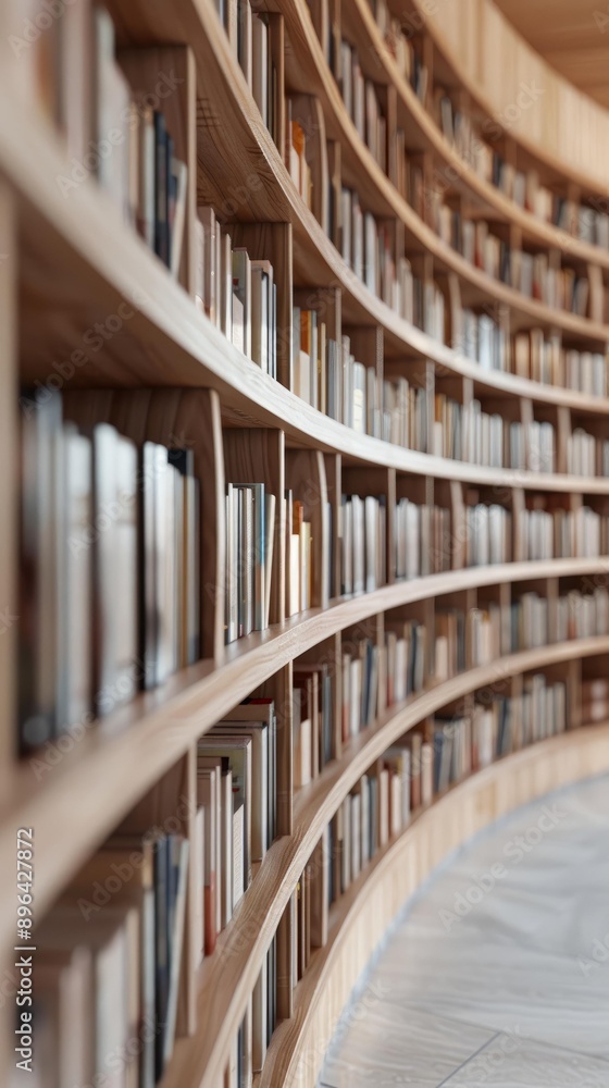 Curved bookshelf filled with books in a modern library with wooden interior decor and polished marble floor Curved bookshelf filled with books in a modern library with wooden interior decor and polished marble floor