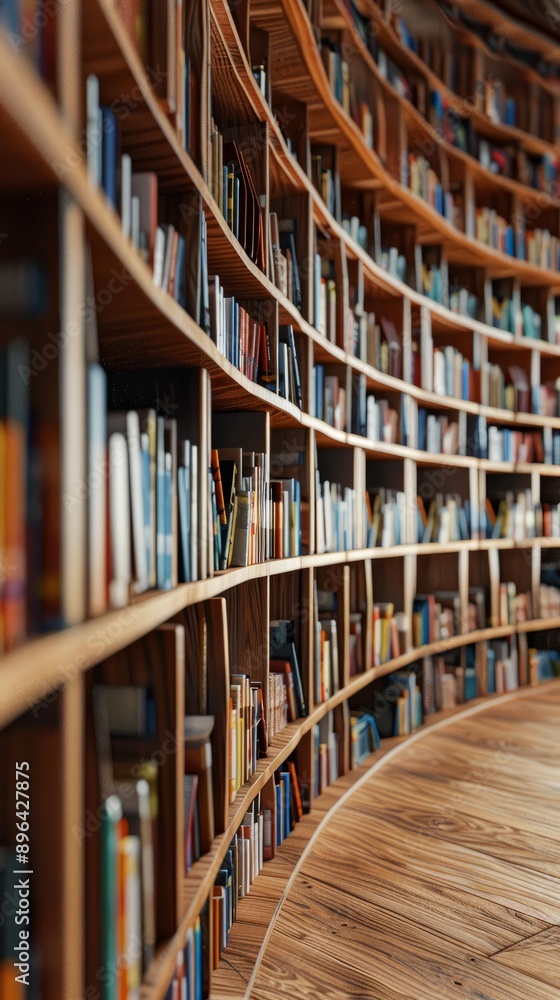 Curved bookshelves with colorful books in modern library featuring wooden flooring and warm natural lighting Curved bookshelves with colorful books in modern library featuring wooden flooring and warm natural lighting