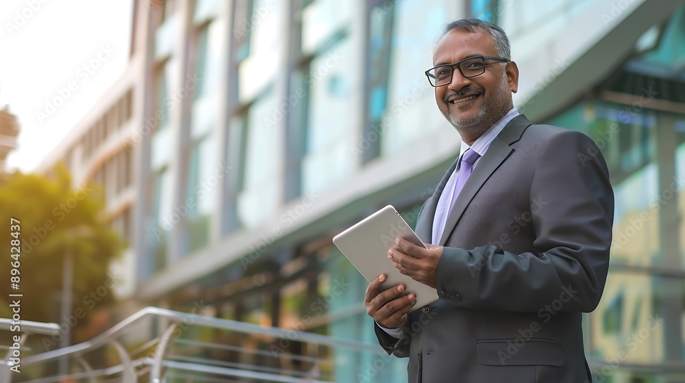 Focused successful mature Indian or Latin entrepreneur businessman holding digital pc tablet standing outdoor at business office building Hispanic smiling man in suit working using tou : Generative AI Focused successful mature Indian or Latin entrepreneur businessman holding digital pc tablet standing outdoor at business office building Hispanic smiling man in suit working using tou : Generative AI