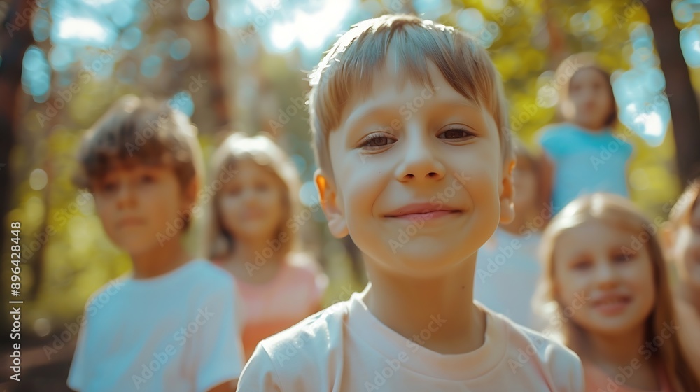 Happy children friends standing together outdoors having fun and smiling in the park on holidays enjoying spending time in a summer camp Portrait of a kids looking at camera having wee : Generative AI Happy children friends standing together outdoors having fun and smiling in the park on holidays enjoying spending time in a summer camp Portrait of a kids looking at camera having wee : Generative AI