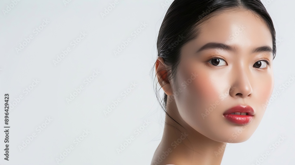 Portrait young Asian beautiful woman with Kbeauty make up style and healthy and perfect skin isolated on white background for skincare commercial product advertising : Generative AI