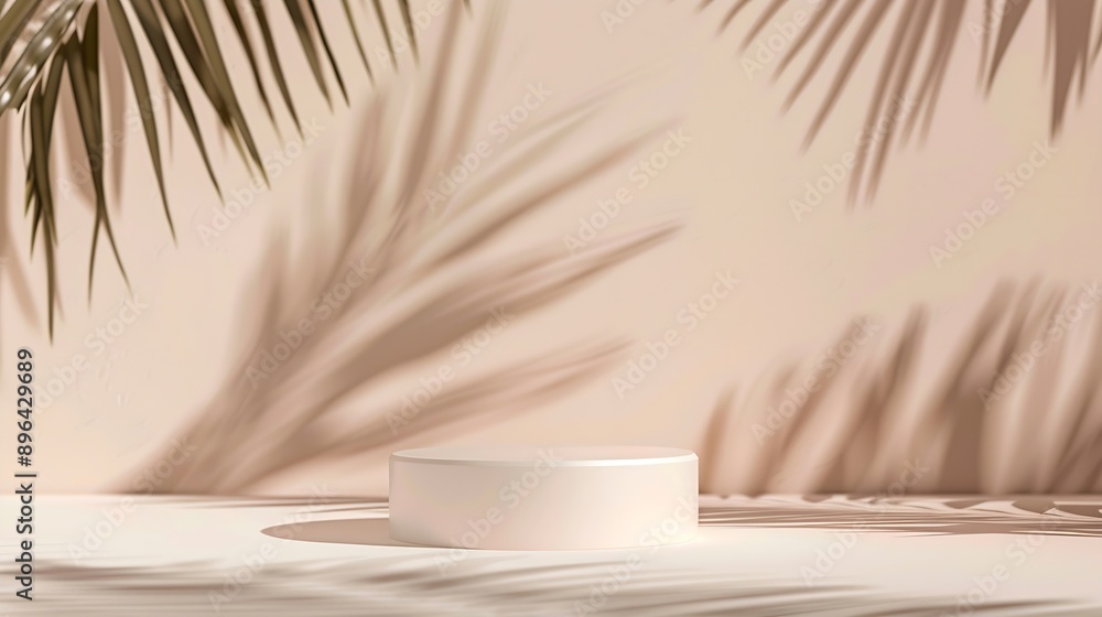 Minimal abstract background with shadow of tropical palm leaves Presentation of cosmetic product Premium podium on pastel peach fuzz wall and white table Showcase display case Front vi : Generative AI Minimal abstract background with shadow of tropical palm leaves Presentation of cosmetic product Premium podium on pastel peach fuzz wall and white table Showcase display case Front vi : Generative AI