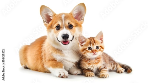 Cute Welsh corgi puppy and a red kitten sit together on a white background isolated on a white background : Generative AI