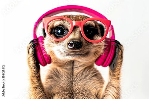 Cute meerkat wearing pink glasses and headphones, enjoying music.
