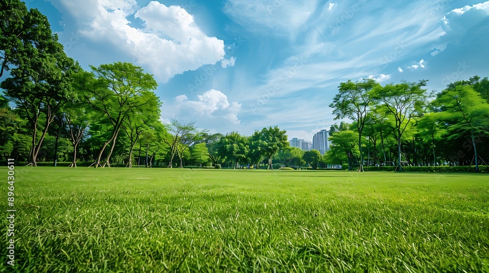 Scenic view of the park with green grass field in city and a cloudy blue sky background Beautiful green park : Generative AI Scenic view of the park with green grass field in city and a cloudy blue sky background Beautiful green park : Generative AI