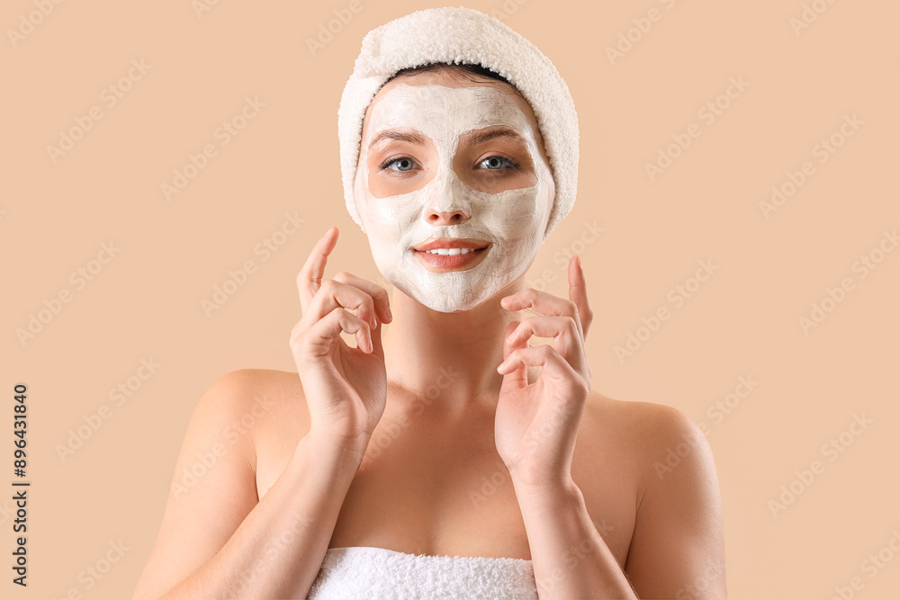Beautiful woman with applied facial mask on beige background, closeup Beautiful woman with applied facial mask on beige background, closeup