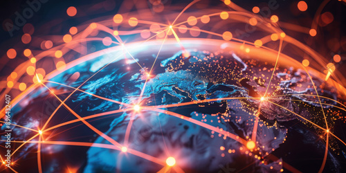 Global network on earth globe, world finance connectivity, business trading, telecommunications 