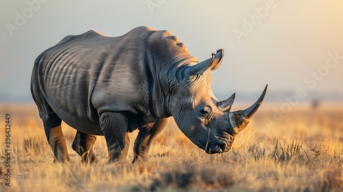 Wild african animals Portrait of a male bull white Rhino grazing in Etosha National park Namibia : Generative AI