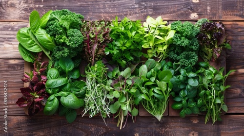 Variety of fresh green and red herbs on wooden background © FutureAI
