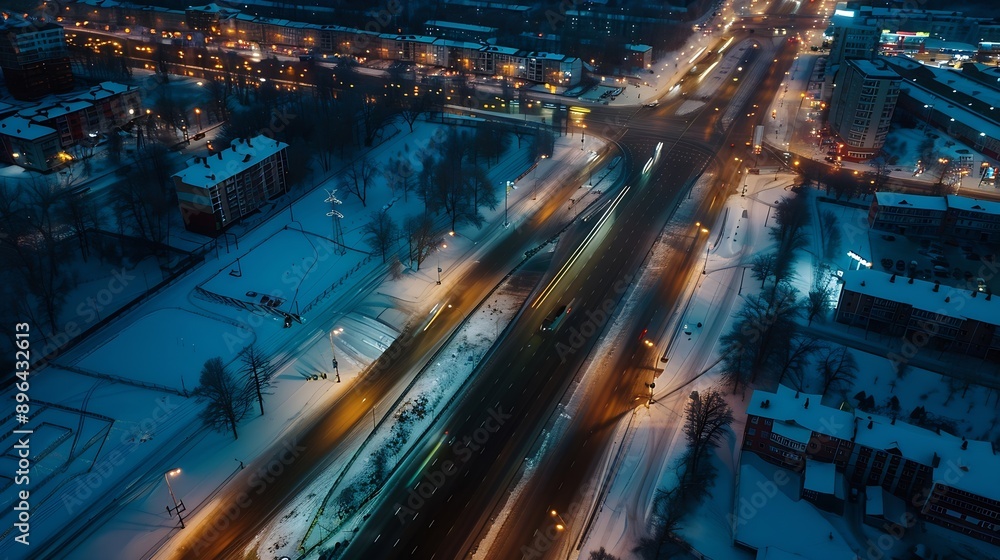 City street in winter night aerial view The road is illuminated by lanterns Drone view : Generative AI City street in winter night aerial view The road is illuminated by lanterns Drone view : Generative AI