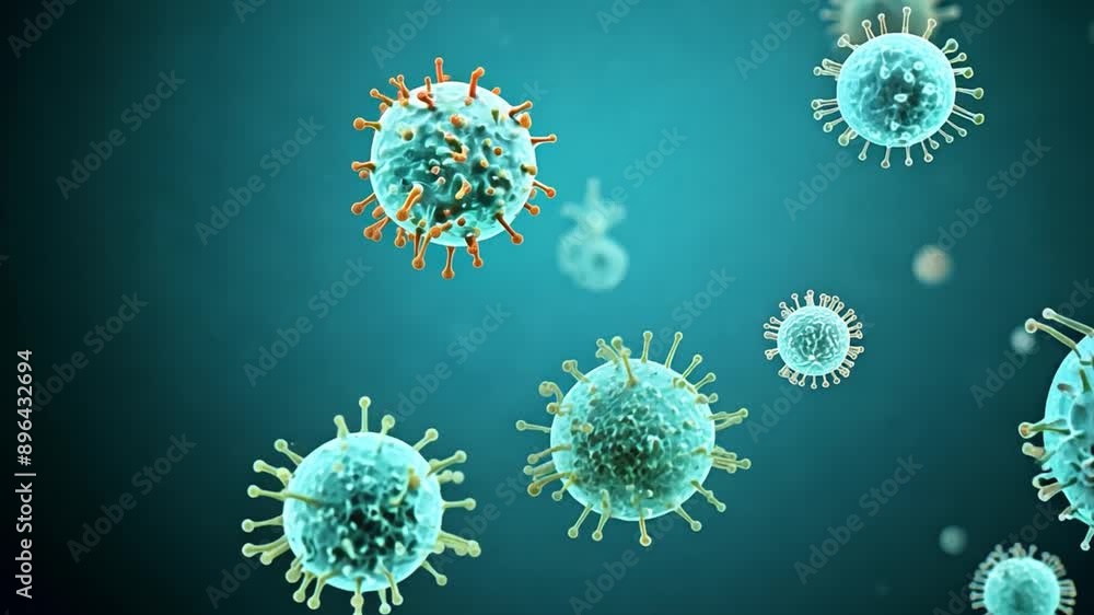 Several viruses are depicted in a 3D rendering against a blue background. Several viruses are depicted in a 3D rendering against a blue background.