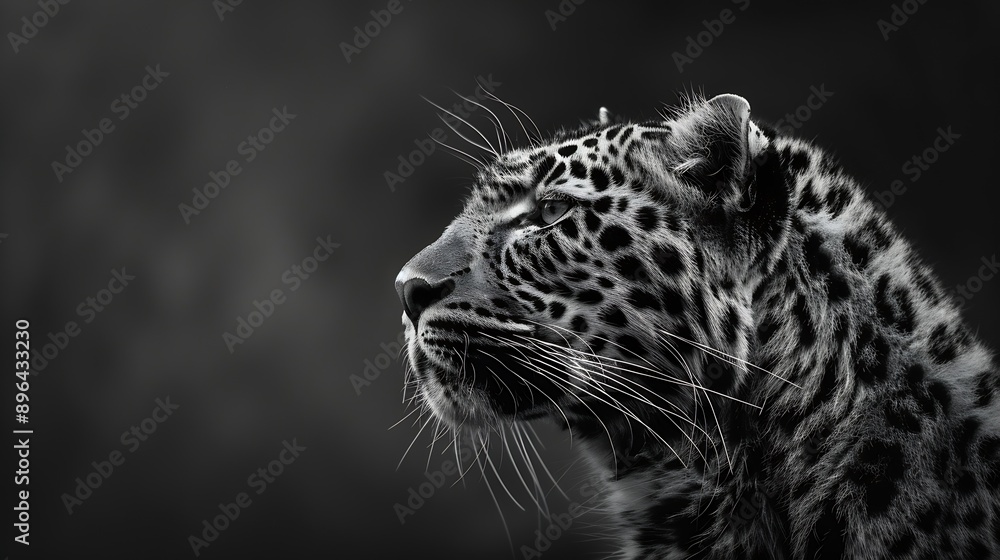 Obraz premium Amur leopard Panthera pardus orientalis Artistic Black and white portrait of leopard high contrast direct view animal is looking to the left dark blurred background : Generative AI