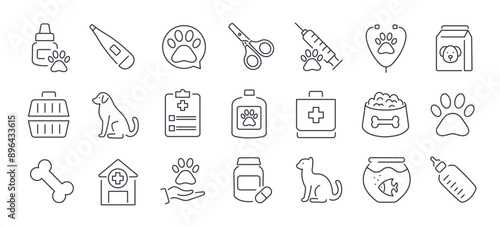 Veterinary clinic and pet care minimal thin line icon set. Editable stroke