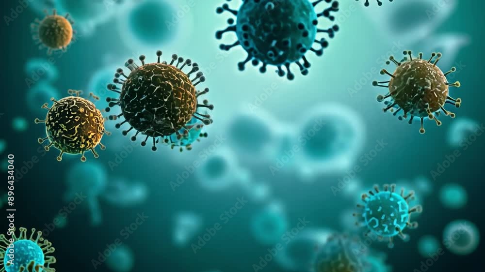 Close-up view of several virus particles, rendered in 3D, against a blurry, blue background. Close-up view of several virus particles, rendered in 3D, against a blurry, blue background.