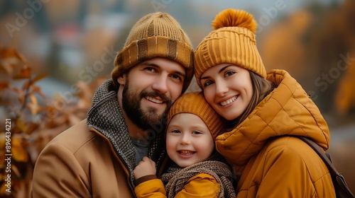 husband, wife and child 5 years old, in autumn clothes, the city in the background : Generative AI