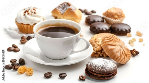 Cup of coffee with sweets on an isolated white background. 