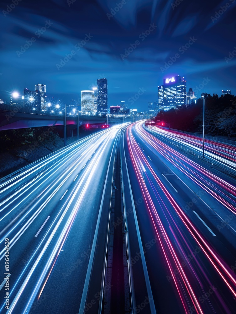 Fototapeta premium A long exposure photo of a highway at night with cars moving in the distance