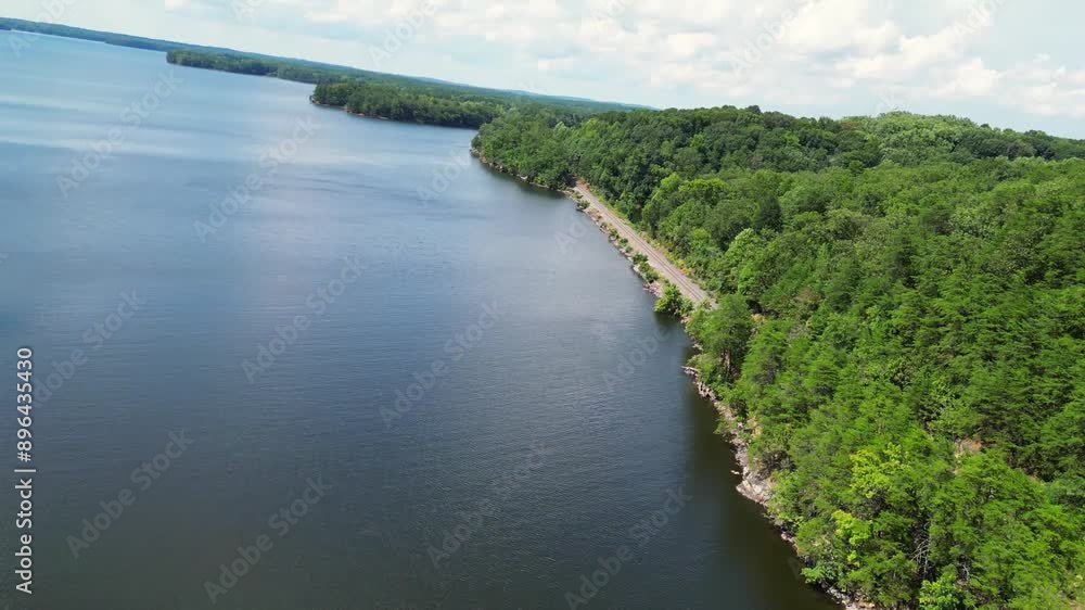 Drone fly over lake and railroad track Drone fly over lake and railroad track