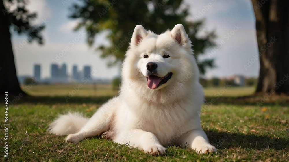 Samoyed dog laying down on the grass at the park Samoyed dog laying down on the grass at the park
