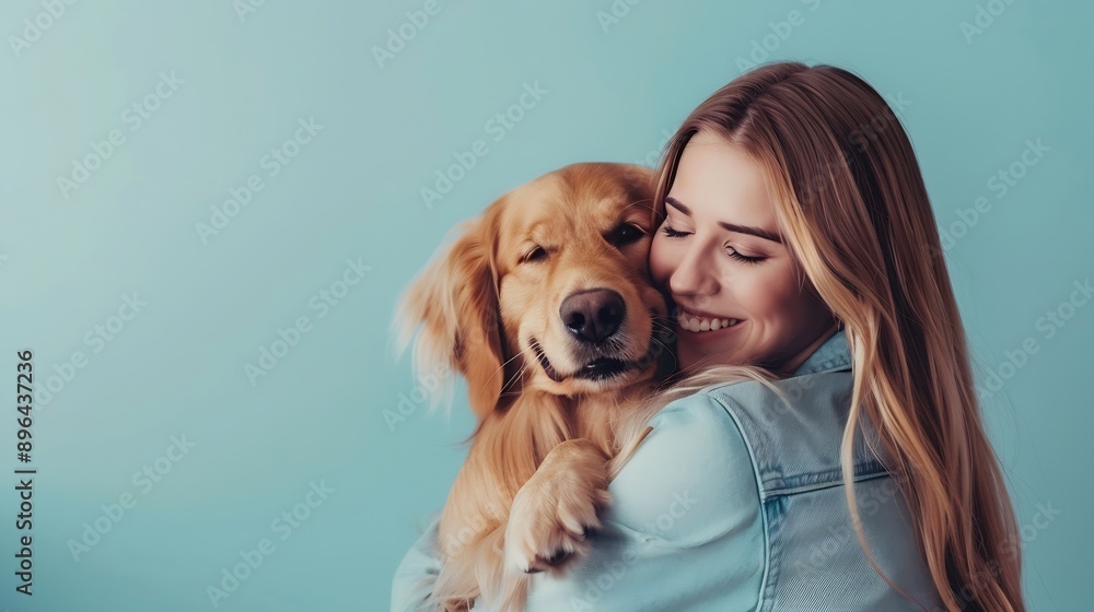 Young smiling happy cheerful owner woman with her best friend retriever wear casual clothes cuddle hug dog close eyes isolated on plain pastel light blue background studio Take care ab : Generative AI Young smiling happy cheerful owner woman with her best friend retriever wear casual clothes cuddle hug dog close eyes isolated on plain pastel light blue background studio Take care ab : Generative AI