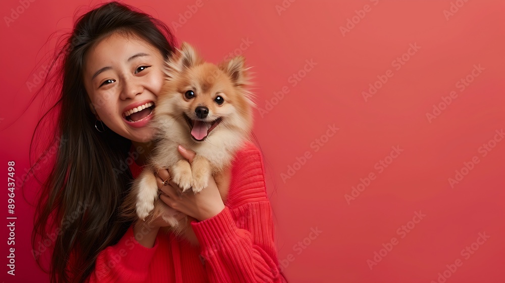 Studio portrait of excited Chinese young woman holding her small dog : Generative AI Studio portrait of excited Chinese young woman holding her small dog : Generative AI