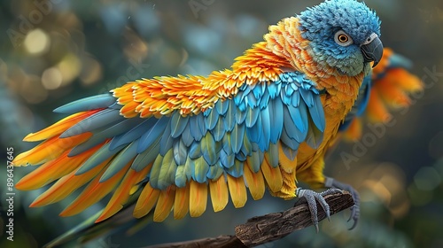 Colorful Parrot Illustration with Blue, Orange, and Yellow Feathers