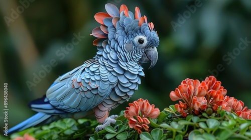 Blue and Red Cockatoo Parrot in Green Foliage - Photography