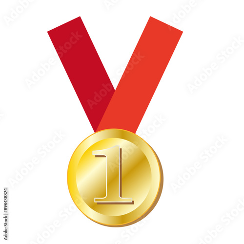 赤いリボンのついた1位の金メダル