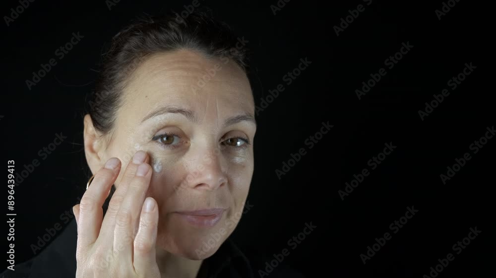 Joyful lady apply face cream on black. A view of joyful female apply the skin creams on her face on the black background. Joyful lady apply face cream on black. A view of joyful female apply the skin creams on her face on the black background.
