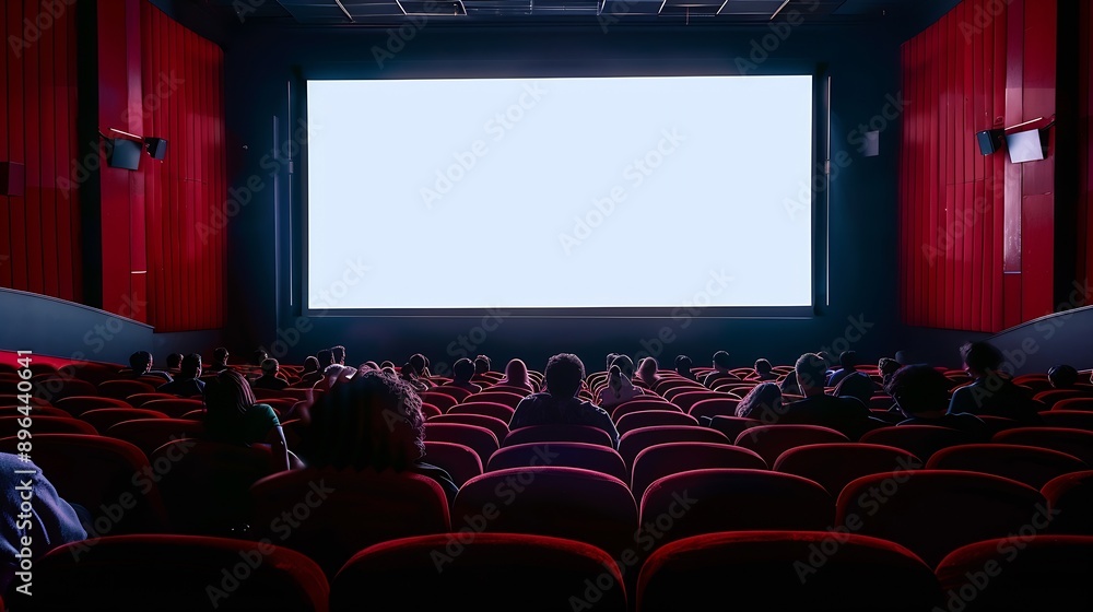 Obraz premium Cinema blank screen and people in red chairs in the cinema hall Blurred People silhouettes watching movie performance : Generative AI