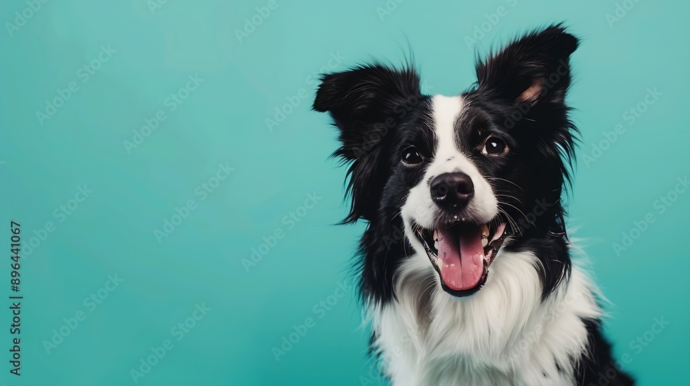 studio portrait of black and white border collie sitting looking forward with big smile mouth open tongue showing against a teal blue background : Generative AI studio portrait of black and white border collie sitting looking forward with big smile mouth open tongue showing against a teal blue background : Generative AI