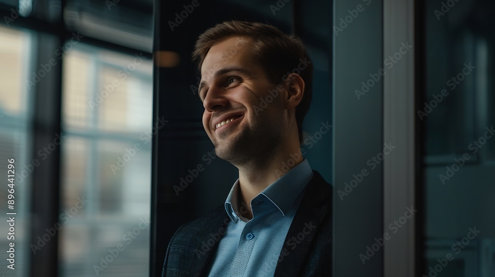 Fototapeta premium Successful business man smiling as he stands outside a meeting room in a professional workplace Caucasian male executive looking away in reflection of his business accomplishments : Generative AI