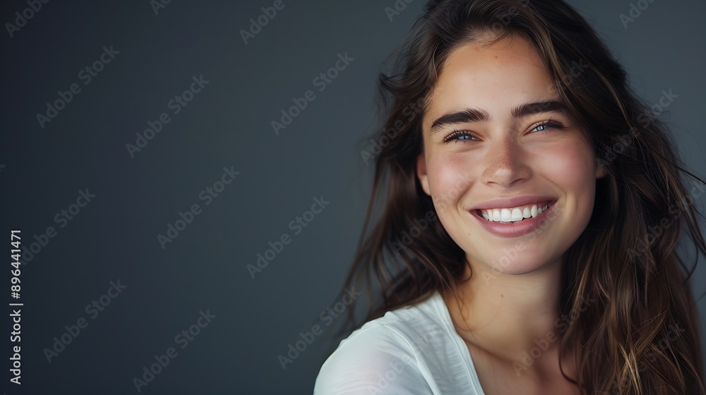 Fototapeta premium Woman portrait and hair care in studio with beauty from salon treatment cosmetics and shampoo shine Model person and smile with skincare for wellness dermatology and glowing on grey ba : Generative AI