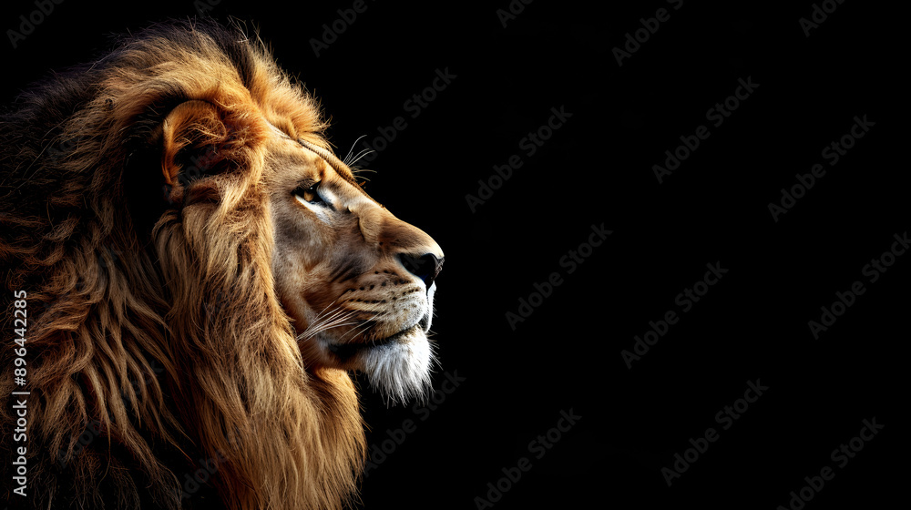 A majestic lion with a mane on a solid black background.
A majestic lion with a mane on a solid black background.
