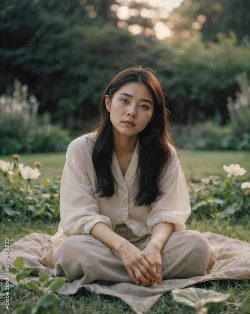 Retrato de joven mujer con rasgos asiáticos sentada en un hermoso jardín. Retrato de joven mujer con rasgos asiáticos sentada en un hermoso jardín.