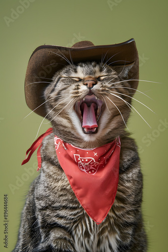 A charming tabby cat in a cowboy hat and red bandana yawns cutely against a green background. This image is ideal for pet and animalrelated content creation and marketing materials photo