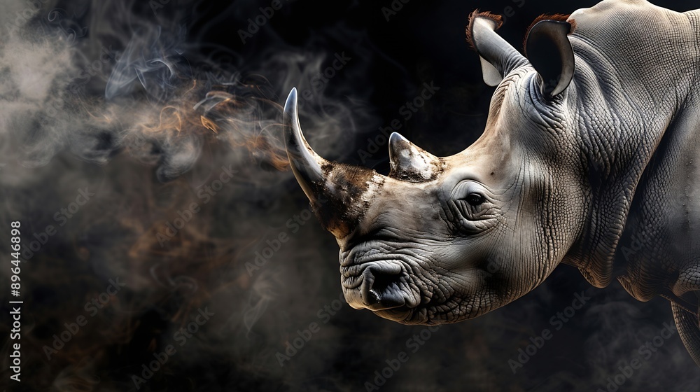 Portrait rhino on the black for adverb or website webshop Photo smoke rhino : Generative AI Portrait rhino on the black for adverb or website webshop Photo smoke rhino : Generative AI