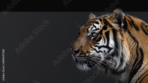 Profile portrait of Bengal tiger Panthera tigris tigris isolated on grayblack background : Generative AI photo