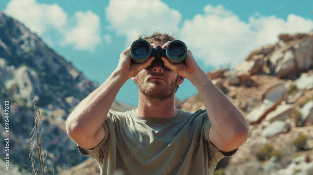 A young man in a plaid shirt birdwatching with binoculars under a bright sunlit sky, enjoying an outdoor hobby and nature.
A young man in a plaid shirt birdwatching with binoculars under a bright sunlit sky, enjoying an outdoor hobby and nature.