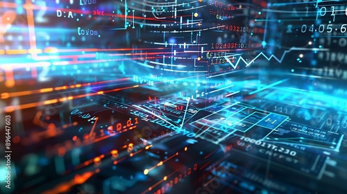 Image of mathematical equations and data processing over server room Global technology computing and digital interface concept digitally generated image : Generative AI