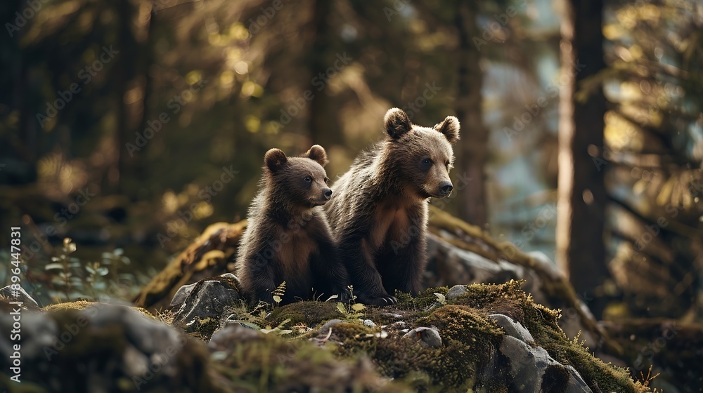 Obraz premium Two young brown bear cub in the forest Portrait of brown bear animal in the nature habitat Wildlife scene from Europe Cub of brown bear without mother : Generative AI
