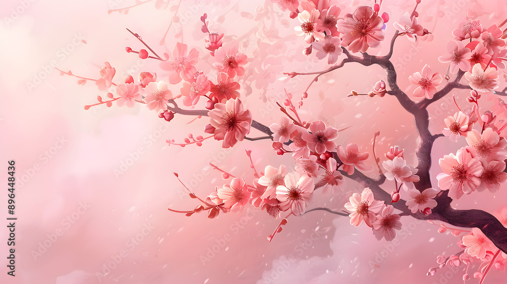 A blooming cherry blossom tree on a soft pink background.
A blooming cherry blossom tree on a soft pink background.