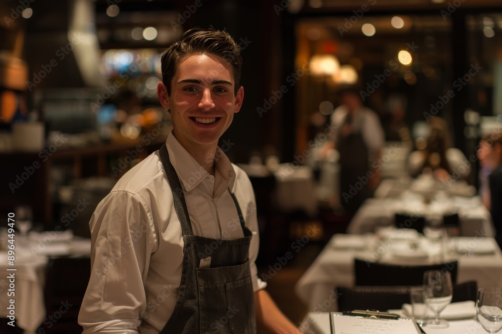 Fototapeta premium A cheerful waiter wearing an apron ready to take an order with notebook and pen by the tables in a restaurant