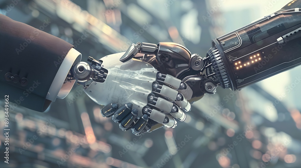 Handshake of man and robot Modern technologies Art collage : Generative AI Handshake of man and robot Modern technologies Art collage : Generative AI