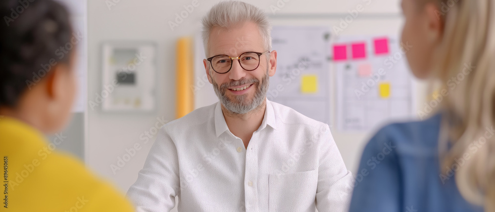 Obraz premium A smiling manager with engages in a positive discussion with colleagues in a bright office, with project plans and sticky notes visible in the background.