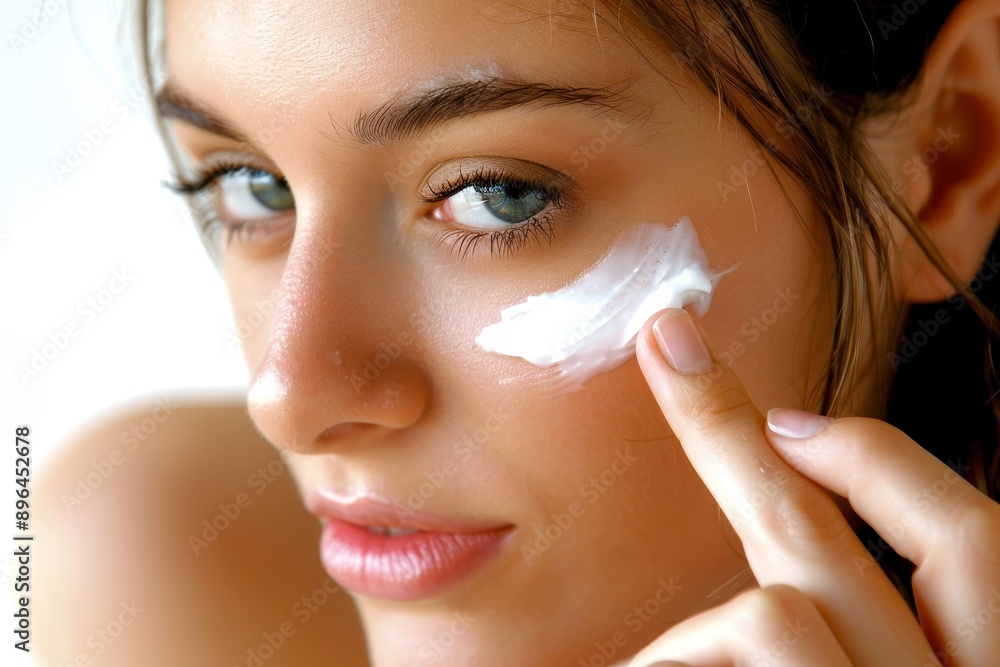 A pretty brunette applies face cream A pretty brunette applies face cream