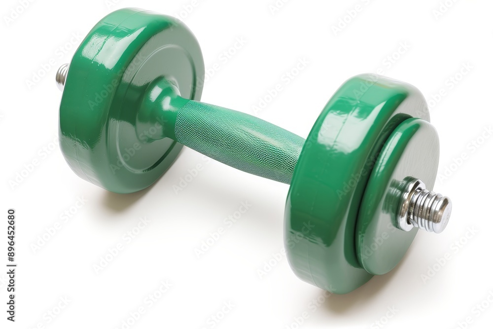A solitary green rubber dumbbell on a white surface A solitary green rubber dumbbell on a white surface