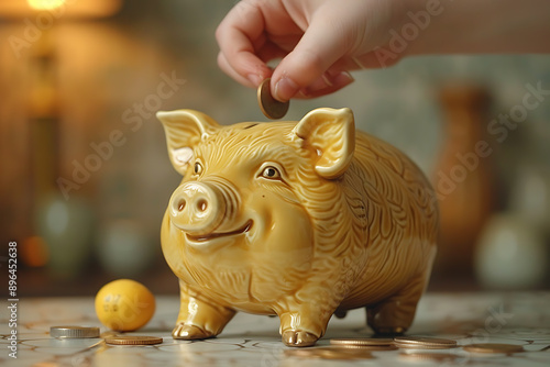 A piggy bank shaped like a pig, with a hand above dropping coins into it. The image symbolizes saving money, financial management, and the concept of accumulating wealth