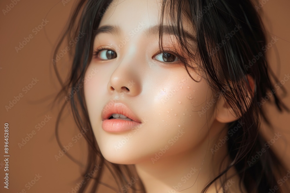 A studio portrait of a beautiful Asian woman with clear skin on a brown background engaging in facial care treatment cosmetology beauty and spa A studio portrait of a beautiful Asian woman with clear skin on a brown background engaging in facial care treatment cosmetology beauty and spa