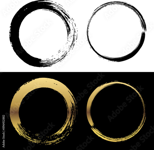  Set of black and gold brush stroke circle vectors
